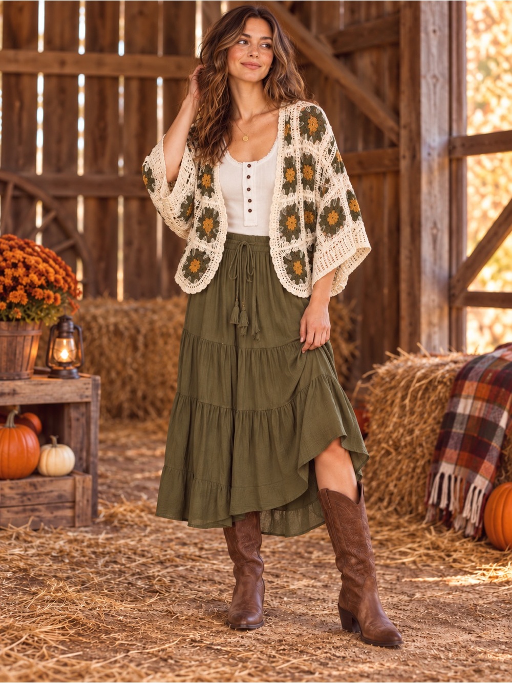POL Crocheted Open-Front Shrug in Olive, Cream & Mustard
